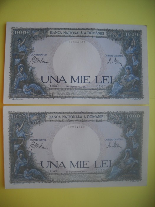 HOPCT ROMANIA 1000 LEI 1941 10 SEPEMBRIE -AUNC / UNC [ 6 ]- 2 SERII CONSECUTIVE !!!!!