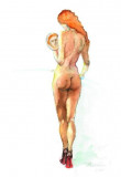 A3. Tablou minimal in acuarela - Nud de femeie, Hartie A4, Ne-inramat, original, Realism