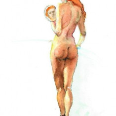 A3. Tablou minimal in acuarela - Nud de femeie, Hartie A4, Ne-inramat, original