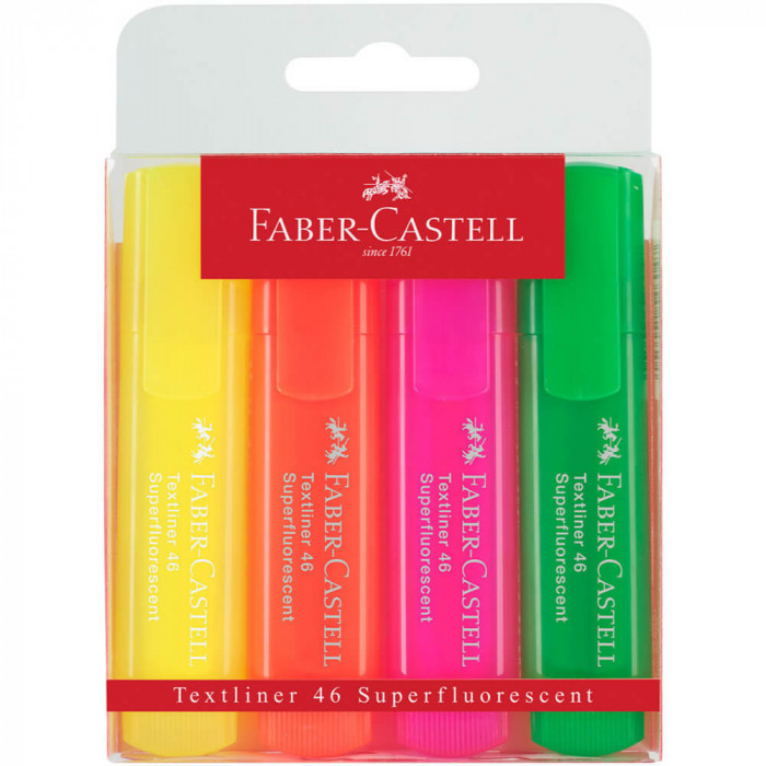 Set 4 Textmarkere Faber &ndash; Castell 1546, Diverse Culori Super Fluorescente, Rechizite Scolare, Textmarkere Pigmentate, Accesorii pentru Birou, Markere