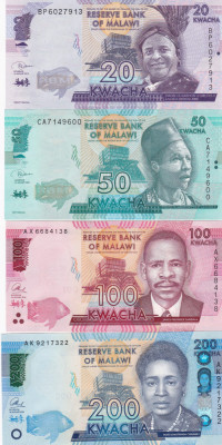 Malawi Set 20-50-100-200 Kwacha 2019-2020-2016 UNC foto