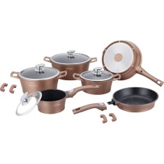 Set oale si tigai cu capace 14 piese Royaly Line ES 2014M, maro, antiaderente, marmorate, inductie, manere detasabile