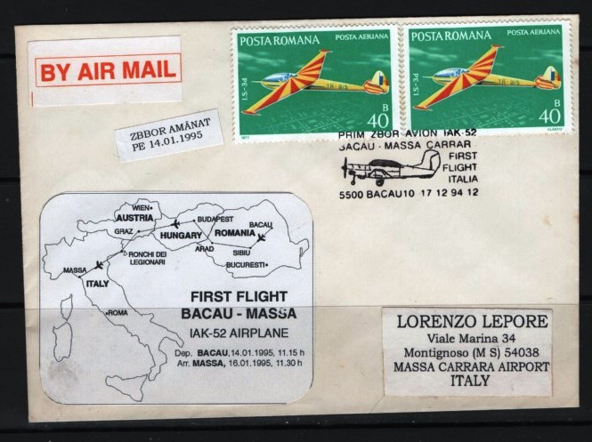 ROMANIA 1994 - AVIATIE. PRIM ZBOR AVION IAK-52. INTREG POSTAL, Z65