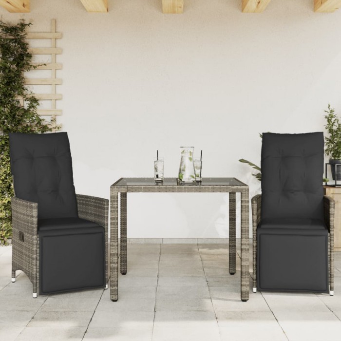 vidaXL Set bistro de grădină cu perne, 3 piese, gri, poliratan 3276893