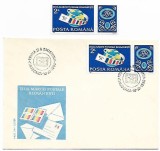 Romania (135) - Ziua marcii postale romanesti, cu vinieta, 1990, serie neobl+FDC, Romania de la 1950, Posta
