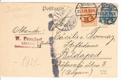 Germany 1921 Old postcard postal stationery uprated Leipzig to Hungary D.373 foto