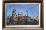 La Cazane &ndash; pastel pe h&acirc;rtie, semnat C.Bogdan, scenă industrial