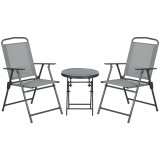 Outsunny Set de Exterior din 3 Piese cu Masă cu Blat din Sticlă și 2 Scaune Pliabile din Plasă, Ф45x50 cm, Gri Deschis | Aosom Romania