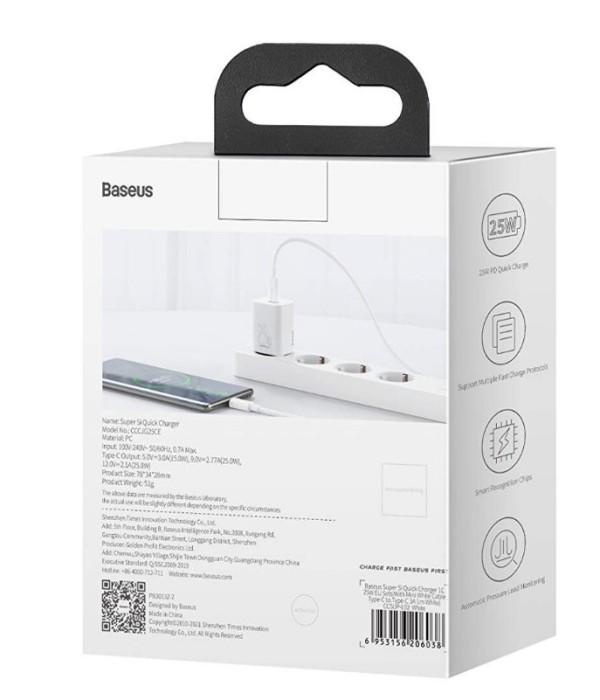 INCARCATOR retea Baseus Super Si, Quick Charge 25W, 1 x USB Type-C 5V/3A, alb &quot;CCSP020102&quot; (timbru verde 0.18 lei) - 6932172603731