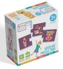 Joc educational pentru copii, Puzzle Trio cu Rutine zilnice, KuKiKuk Efko, 8 perechi, 24 piese mari, carton gros, animatii colorate haioase, varsta 2-