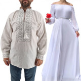 Set Cuplu Traditional 431 Camasa Traditionala si Rochie Lunga Alba, Ie Traditionala