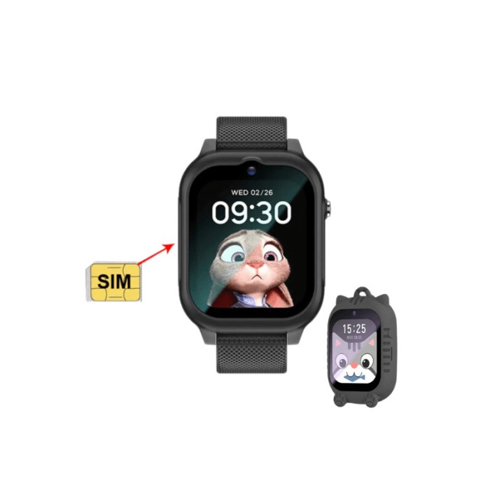 Ceas Smartwatch pentru Copii 4G, Cartela SIM, GPS, Camera, Apel Vocal-Video, Monitorizare Spion, Buton SOS, GITECH&reg; K10, Husa cu Snur, Negru