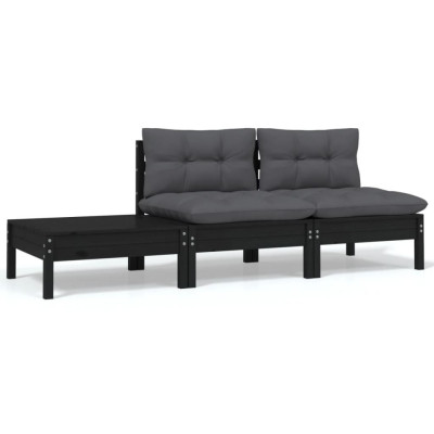 Gossi set mobilier gradina cu perne, 3 piese, negru, lemn masiv pin foto