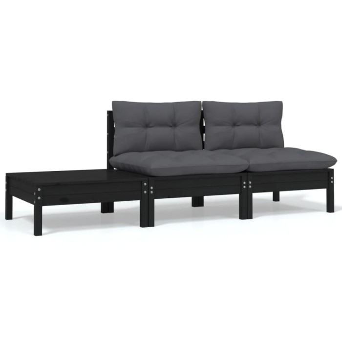 Gossi set mobilier gradina cu perne, 3 piese, negru, lemn masiv pin