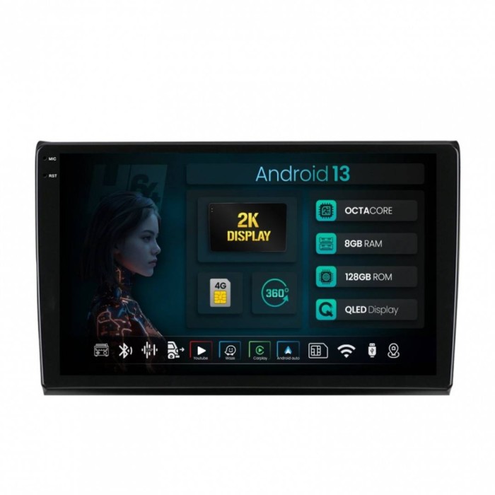 Navigatie 2K Fiat Bravo 2006-2016 8GB RAM Android 13 Octacore Slot Sim 4G DSP GPS Wi-FI Carplay Android Auto USB Bluetooth Waze Touchscreen 9.5 Inch