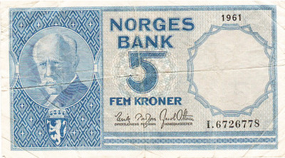 Norvegia 5 Kroner 1961 P-30g Seria 6726778 foto