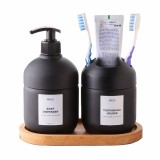 Cumpara ieftin Set dispenser sapun lichid si suport periuta de dinti, Ginza Maison, Sticla, cu pompa si tava din lemn, reutilizabile, detergent de 425 ml pentru baie