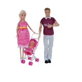 Set papusi, familie, fetita si baiat, cu animal si bebelus, roz, 28x8.5x33 cm