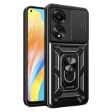 Husa telefon compatibila oppo a78 4g, protectie camera slide and snap soft premium, magnetic ring holder, popgrip, anti-shock, negru