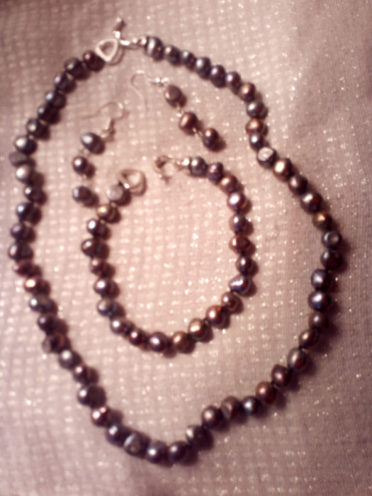 Set perle de cultură, negre, baroque, colier, brățară și cercei