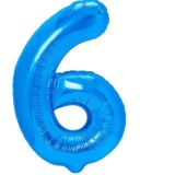 Balon din folie metalizata flippy, figurina cifra, tema aniversare 100 cm, ambalaj individual, pai inclus, umflare cu aer sau heliu, albastru, cifra 6