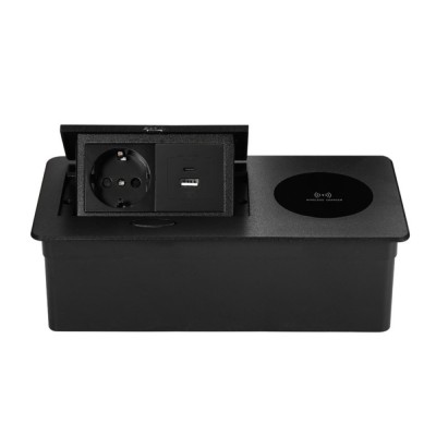 Priza Incorporabila in mobilier, ATOMKIT, 1 Prize Schuko, USB-A+C, Incarcare WIRELESS, Conductori cupru, Material de Aluminiu, Calitate Superioara, Ca foto