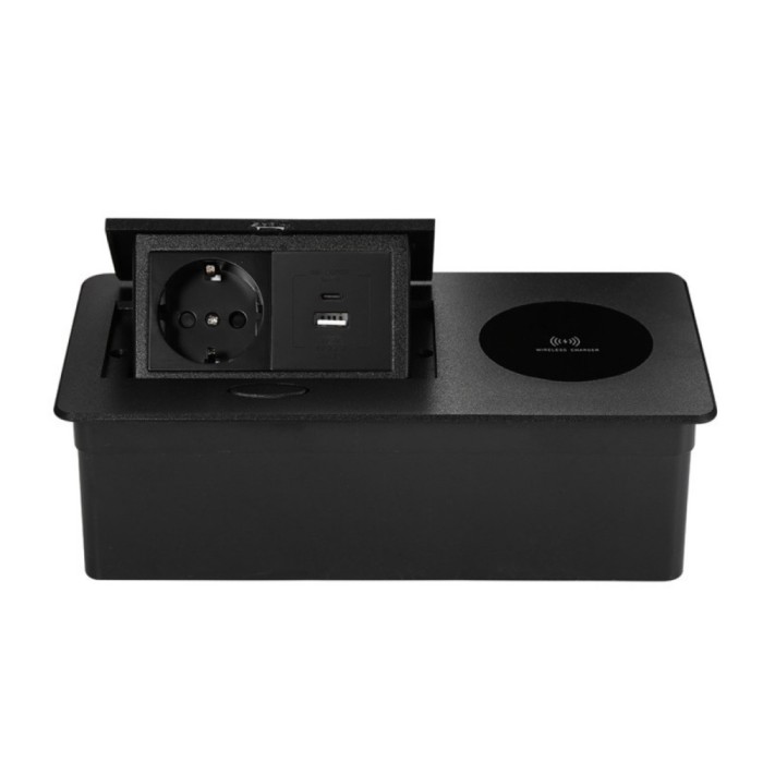 Priza Incorporabila in mobilier, ATOMKIT, 1 Prize Schuko, USB-A+C, Incarcare WIRELESS, Conductori cupru, Material de Aluminiu, Calitate Superioara, Ca