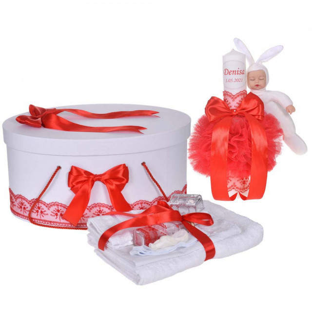 Set trusou botez, cutie trusou si lumanare personalizata cu nume, decor Rosu cu