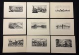 Lot 9 Gravuri Vechi de Colecție cu Vederi din Budapesta &ndash; Stampă / Acvaforte pe Passepartout (Perioada Interbelică)