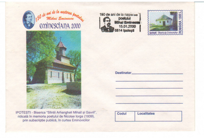 CPIB16983 INTREG POSTAL - EMINESCIANA 2000. IPOTESTI BISERICA SFINTII ARHANGHELI