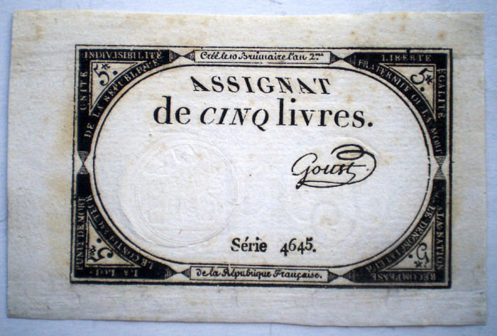 11. FRANTA REPUBLICA ASIGNAT 5 CINQ LIVRES GOUST L&#039;AN 2 1793/1794 SR. 4645