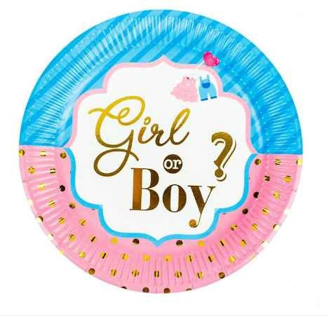 Farfurii din Carton pentru Petrecerea Bebelusului Baby Shower Ciel Roz &amp;quot;Girl or Boy?&amp;quot; Foil 23cm - 6b