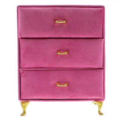 Organizator Bijuterii, Fucsia Velvet, 3 Sertare, Detalii Aurii, Vintage, 15x9x19.5cm foto