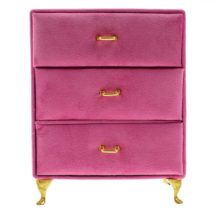 Organizator Bijuterii, Fucsia Velvet, 3 Sertare, Detalii Aurii, Vintage, 15x9x19.5cm