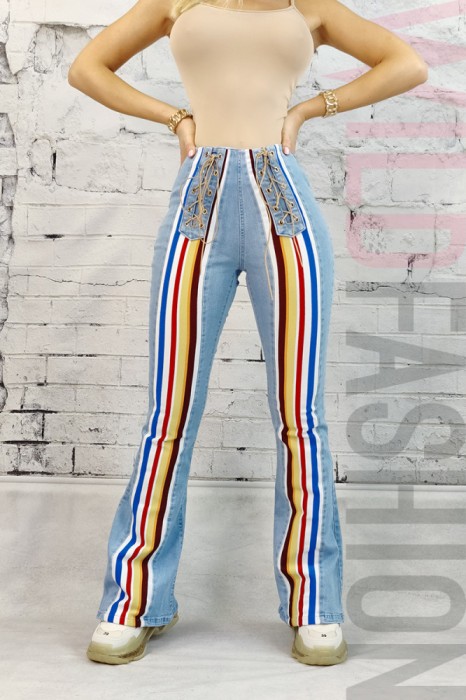 D209RR-411 Pantaloni evazati cu dungi colorate