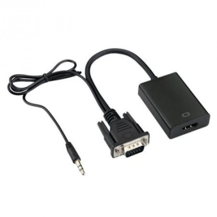Convertor de la VGA tata la HDMI mama , negru, plus audio, 20 cm plus cablu micro usb