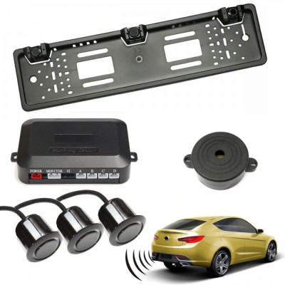 Set senzori parcare auto cu buzzer kit suport numar inmatriculare spate foto