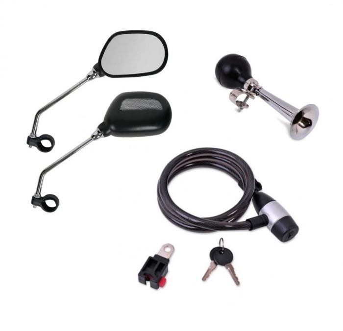 Set accesorii pentru bicicleta format din doua Oglinzi retrovizoare, Antifurt, Claxon goarna, 4 buc
