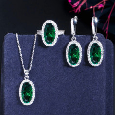 Set colier, cercei si inel, argintiu, cu pietre verzi din zirconiu, Green