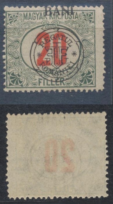 Emisiunea Cluj 1919 timbru porto 20 BANI eroare cu inscriptia BANI &icirc;n partea de sus, &icirc;n loc de jos MNH