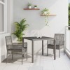 Set masa gradina vidaXL 3 piese, gri, rattan poli, 90x90x75 cm, blat sticla securizata, scaune cu perne, rezistent UV si apa