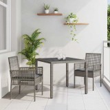 Set masa gradina vidaXL 3 piese, gri, rattan poli, 90x90x75 cm, blat sticla securizata, scaune cu perne, rezistent UV si apa