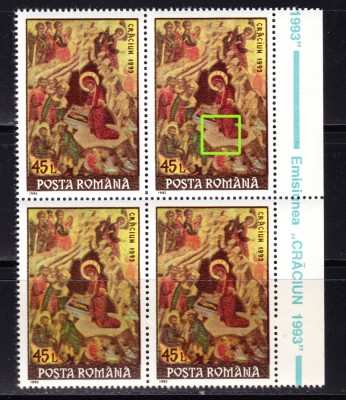 RO 1993 LP 1331 &amp;quot;Craciun &amp;quot;, EROARE catalogata bloc 4 - pata verde/genunchi,MNH foto