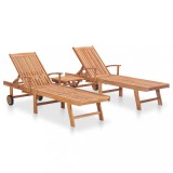 Set 2 Șezlonguri VidaXL Lemn Tec Masiv, Cu Masă, Spătar &amp; Suport Picioare Ajustabile, Roți, Exterior Grădină/Terasa 195x59.5x35cm