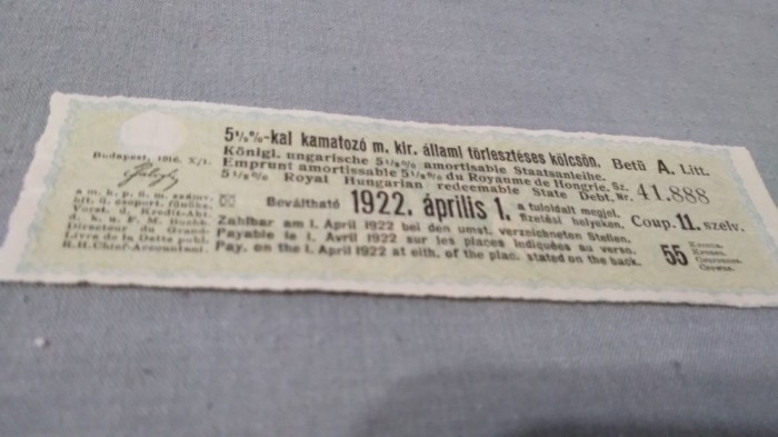 CUPOANE DE TREZORERIE CU REDUCERE 1922 UNGARIA