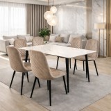Set masa living Lineo FDT1, blat ceramica, structura metalica, 140x80x75 cm, alb maro si 6 scaune Doina FDC2, tapiterie catifea, 90 kg, bej