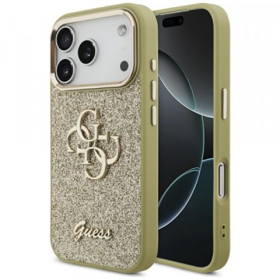 Husa pentru Apple iPhone 17 Pro, Guess, Fixed Glitter Big 4G Metal Frame, Aurie foto