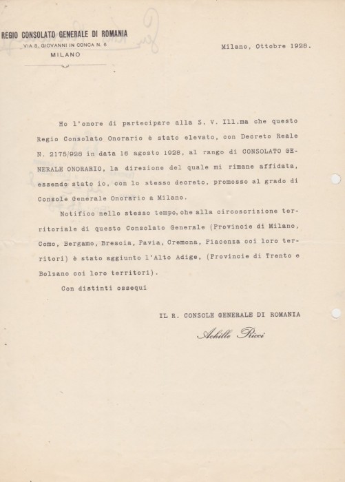 Document Consulatul Regatului Romaniei la Milano 1928 Consul Achille Ricci