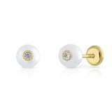 Cercei din Aur 14K, model Perla de Cultura 5mm si Piatra CZ alba, inchidere cu Filet si Protectie
