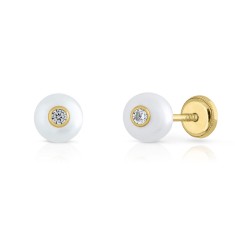 Cercei din Aur 14K, model Perla de Cultura 5mm si Piatra CZ alba, inchidere cu Filet si Protectie
